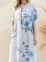 Casual Floral linen-cotton  Stand Collar Midi Dress