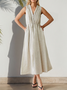 Vacation Plain  V Neck linen-cotton Midi Dress