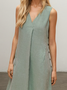 Casual Plain Pocket Stitching V Neck linen-cotton Maxi Dress