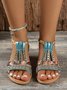 Women Rhinestone Floral Print Braided Ankle Strap Wedge Sandals