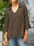 Casual Plain Buttoned V Neck Blouse