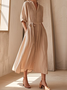 Casual Plain linen-cotton Shirt Collar Maxi Dress Belt
