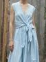 Vacation Plain linen-cotton V Neck Maxi Dress Belt
