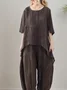 Linen Casual Plain Crew Neck linen-cotton Blouse
