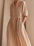 Casual Plain linen-cotton Shirt Collar Maxi Dress Belt