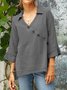 Casual Plain Buttoned V Neck Blouse