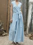 Vacation Plain linen-cotton V Neck Maxi Dress Belt