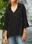 Casual Plain Buttoned V Neck Blouse