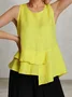 Linen Casual Plain Asymmetric linen-cotton Crew Neck Blouse