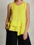 Linen Casual Plain Asymmetric linen-cotton Crew Neck Blouse