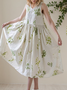Vacation Plants V Neck linen-cotton Midi Dress