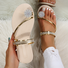 Large Size Women's Toe Sandals Summer New European And American Women's Beach Sandals Rhinestone Flower Flat Slippers
