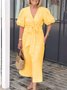 Casual Plain Lace-up V Neck Maxi Dress