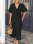 Casual Plain Lace-up V Neck Maxi Dress
