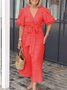 Casual Plain Lace-up V Neck Maxi Dress