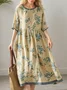 Vacation Floral linen-cotton Crew Neck Midi Dress