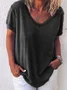 Women Plain V Neck Casual Short Sleeve T-shirt