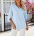 Women's Half Sleeve Shirt Summer Sky Blue Plain Split Joint Ice Silk V Neck Daily Going Out Casual Top