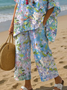 Women's Oil Painting Flowers Print T-shirt And Pants Two Piece Set