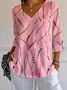 Women Striped V Neck Casual Three Quarter Sleeve T-shirt