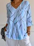 Women Striped V Neck Casual Three Quarter Sleeve T-shirt