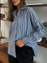 Women's Long Sleeve Shirt Spring/Fall Light Blue Striped Polo Collar Daily Going Out Casual Top