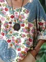 Women Floral Crew Neck Casual Three Quarter Sleeve T-shirt