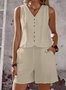 Linen V Neck Casual Plain Two-Piece Set