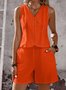 Linen V Neck Casual Plain Two-Piece Set