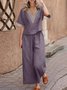 Casual Plain V Neck Two-Piece Set