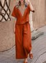 Casual Plain V Neck Two-Piece Set