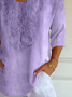 Women Floral V Neck Casual Three Quarter Sleeve T-shirt