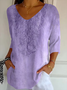 Women Floral V Neck Casual Three Quarter Sleeve T-shirt