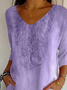 Women Floral V Neck Casual Three Quarter Sleeve T-shirt