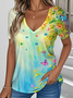 Women Floral V Neck Casual Short Sleeve T-shirt