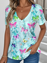 Women Floral V Neck Casual Short Sleeve T-shirt