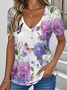 Women Floral V Neck Casual Short Sleeve T-shirt
