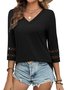Women Plain V Neck Casual Three Quarter Sleeve T-shirt