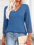 Women Plain V Neck Casual Three Quarter Sleeve T-shirt