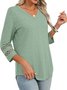 Women Plain V Neck Casual Three Quarter Sleeve T-shirt