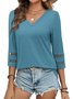Women Plain V Neck Casual Three Quarter Sleeve T-shirt