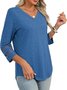 Women Plain V Neck Casual Three Quarter Sleeve T-shirt