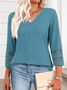 Women Plain V Neck Casual Three Quarter Sleeve T-shirt