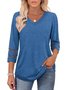 Women Plain V Neck Casual Three Quarter Sleeve T-shirt