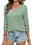Women Plain V Neck Casual Three Quarter Sleeve T-shirt
