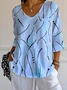 Women Striped V Neck Casual Three Quarter Sleeve T-shirt