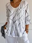 Women Striped V Neck Casual Three Quarter Sleeve T-shirt