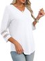 Women Plain V Neck Casual Three Quarter Sleeve T-shirt
