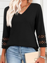 Women Plain V Neck Casual Three Quarter Sleeve T-shirt