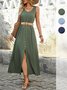 Women's Sleeveless Summer Army Green Plain Split Joint V Neck Daily Going Out Vintage Maxi A-Line Tank Dress